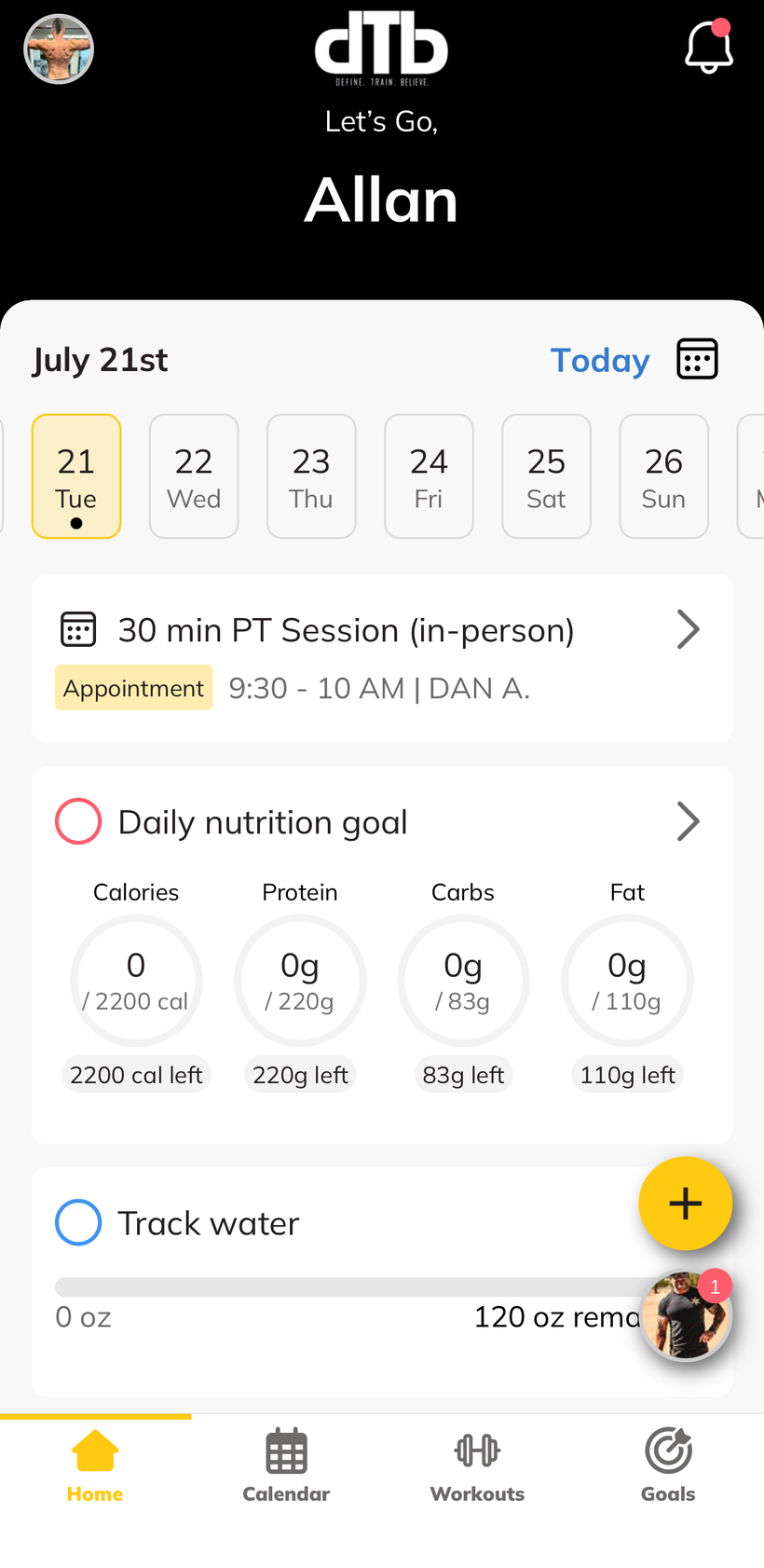 DTB app home screen showing today's booked PT session and daily nutrition goal